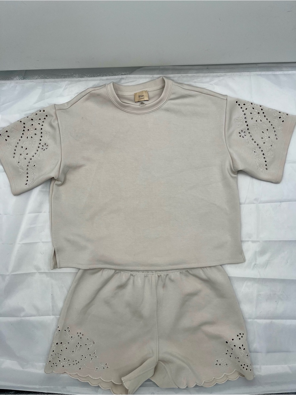 295 Tahari Cream Eyelet Short Sleeve Top & Scallop Shorts Set